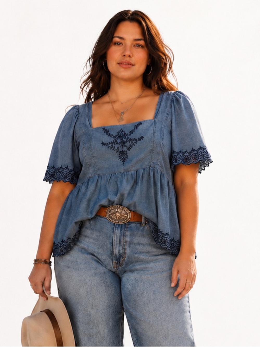 NWT Old Navy Denim Embroidered Square Neck Smocked Top XL